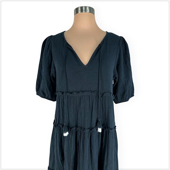 Scoop Long Black Tiered Tassel Gauze Midi Boho Oversized Summer Dress S 4 - 6 - Picture 3 of 5